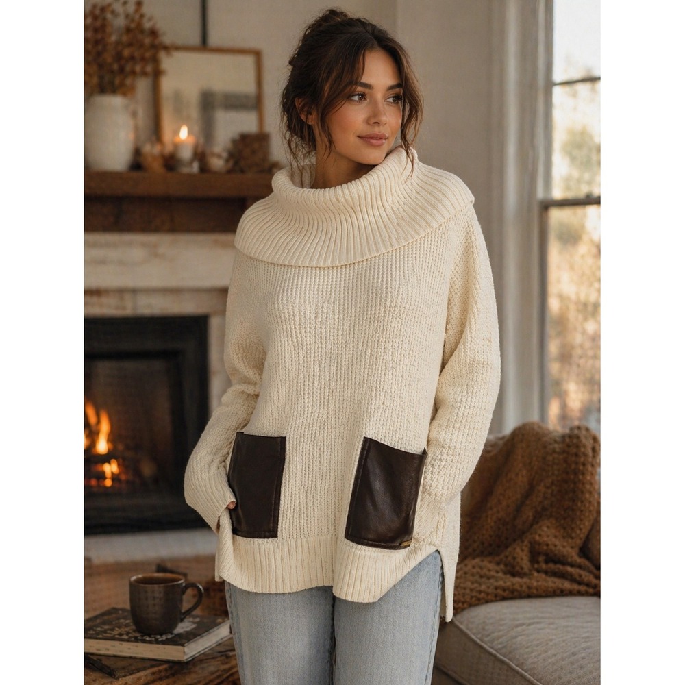 Michael Kors Womens Cream Knit Cowl Neck Sweater Leather Pocket Pullover Chunky